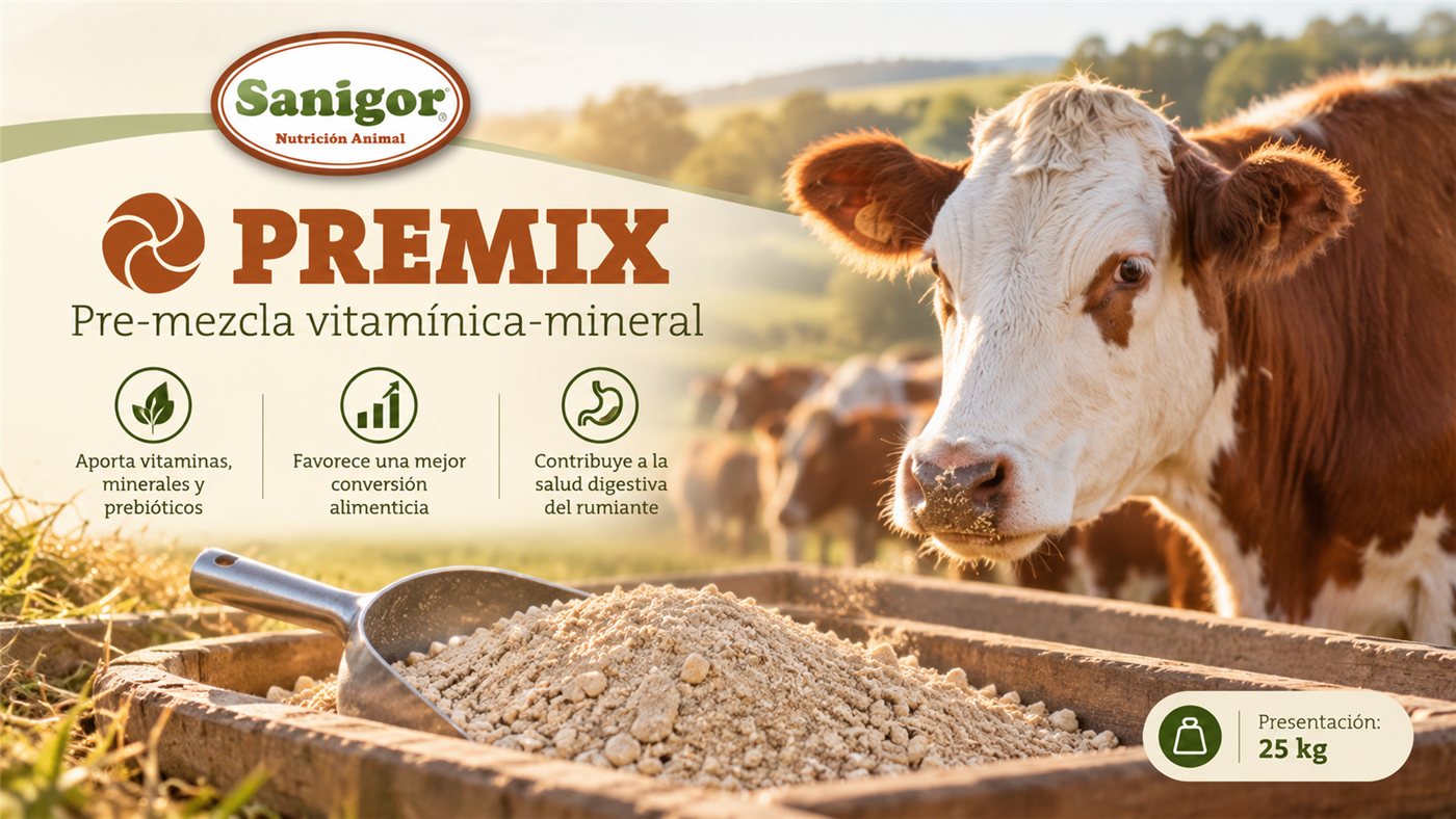 Premix Sanigor: pre-mezcla vitamínico-mineral, presentación 25 kg