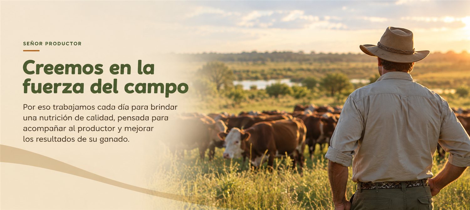 Señor productor: creemos en la fuerza del campo. Trabajamos cada día para brindar una nutrición de calidad, pensada para acompañar al productor y mejorar los resultados de su ganado.
